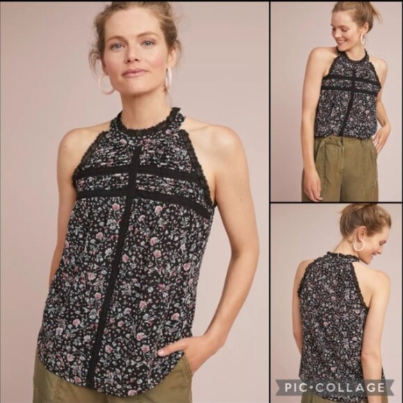 Anthropologie Maeve Floral Crochet Lace Halter Blouse Top Black Size Medium - Picture 1 of 16